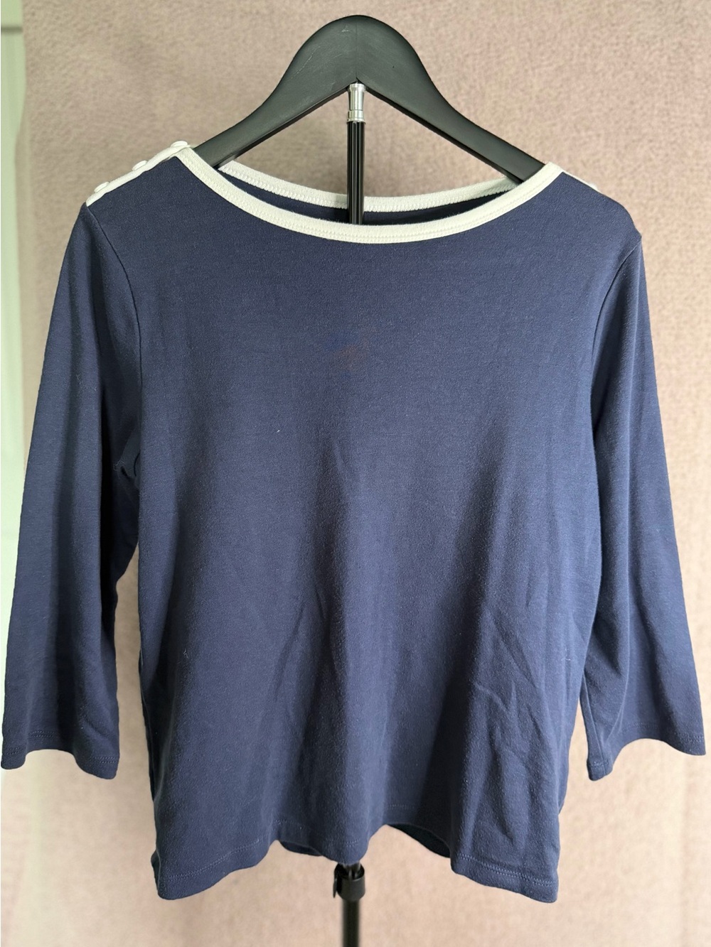 Hasting & Smith Petite Navy Blue 3/4 Sleeve Top PM Button Shoulder